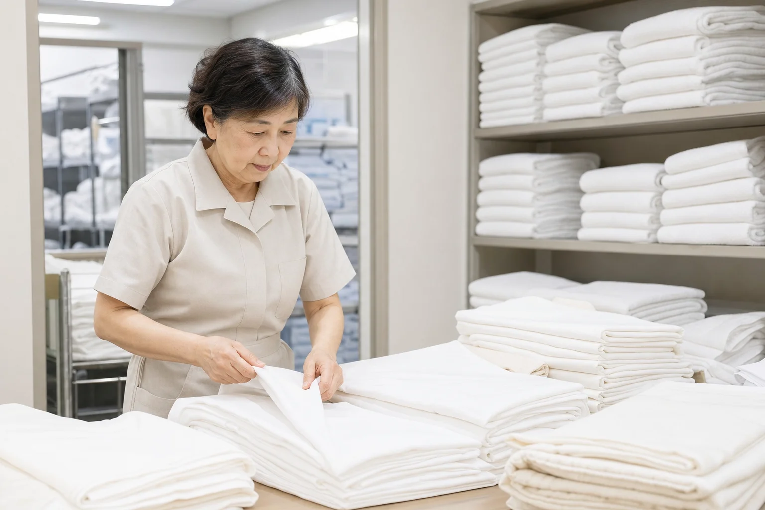 清潔な施設内で備品のリネンを仕分けするシニアスタッフの様子。明るい室内作業の場面