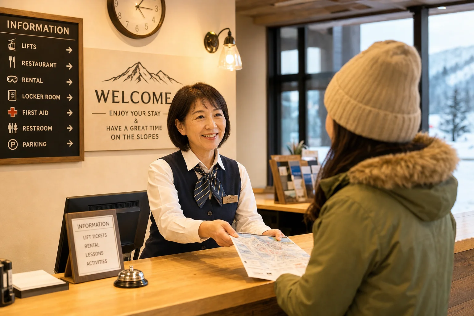 スキーリゾートの屋内受付カウンターで笑顔のシニアスタッフが案内業務を行っている温かみのある風景