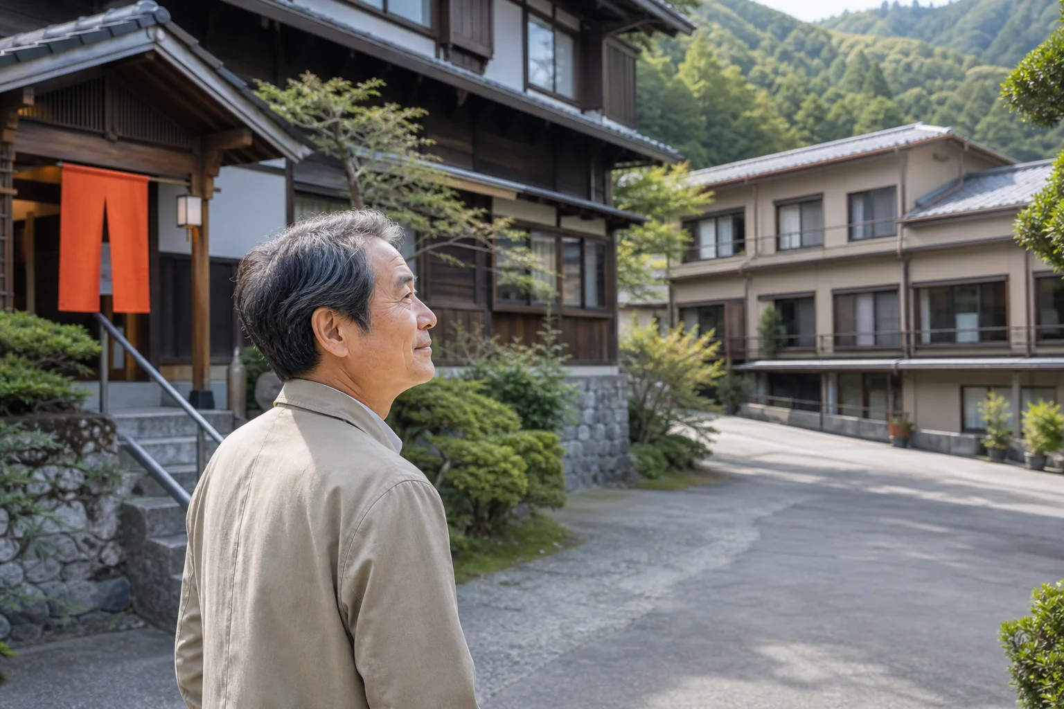 温泉旅館の外観と隣接する寮を眺める60代の様子