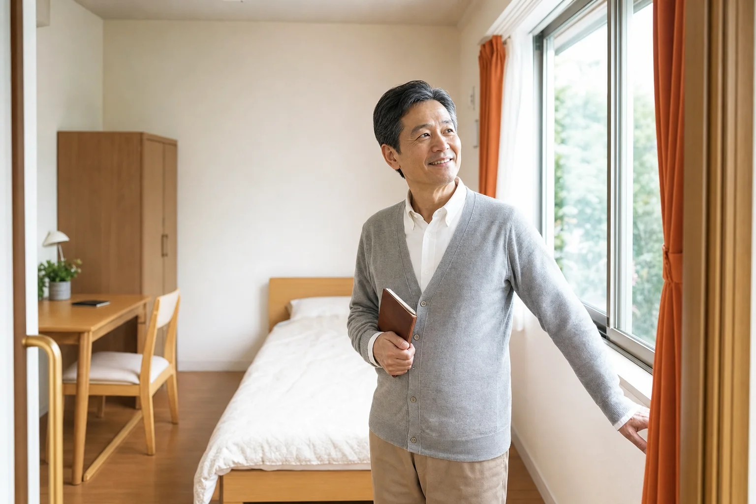 住み込み先の寮の個室を確認しながら安心した表情の60代の様子