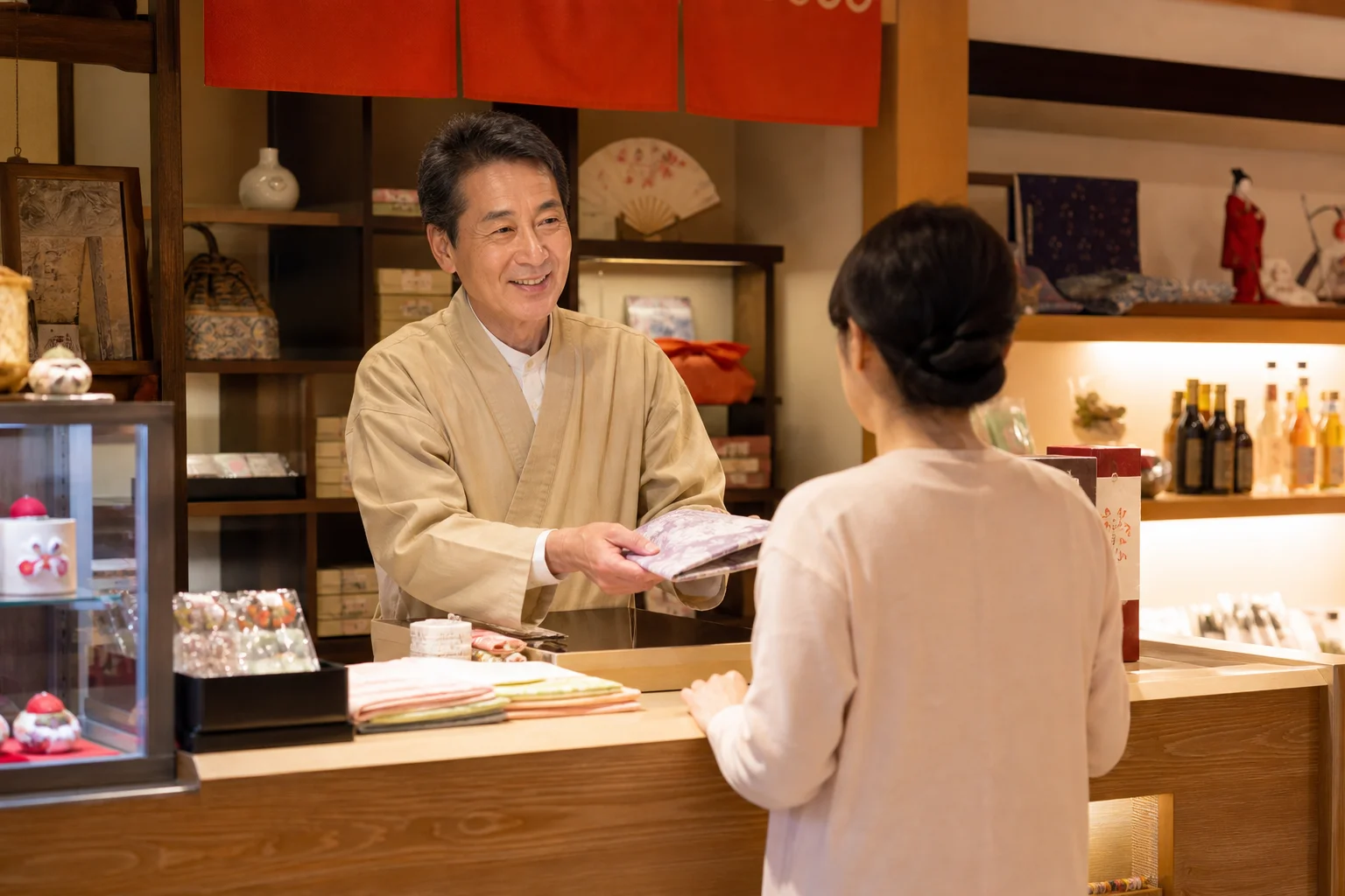 温泉旅館の売店でゆったりと接客する60代スタッフの様子
