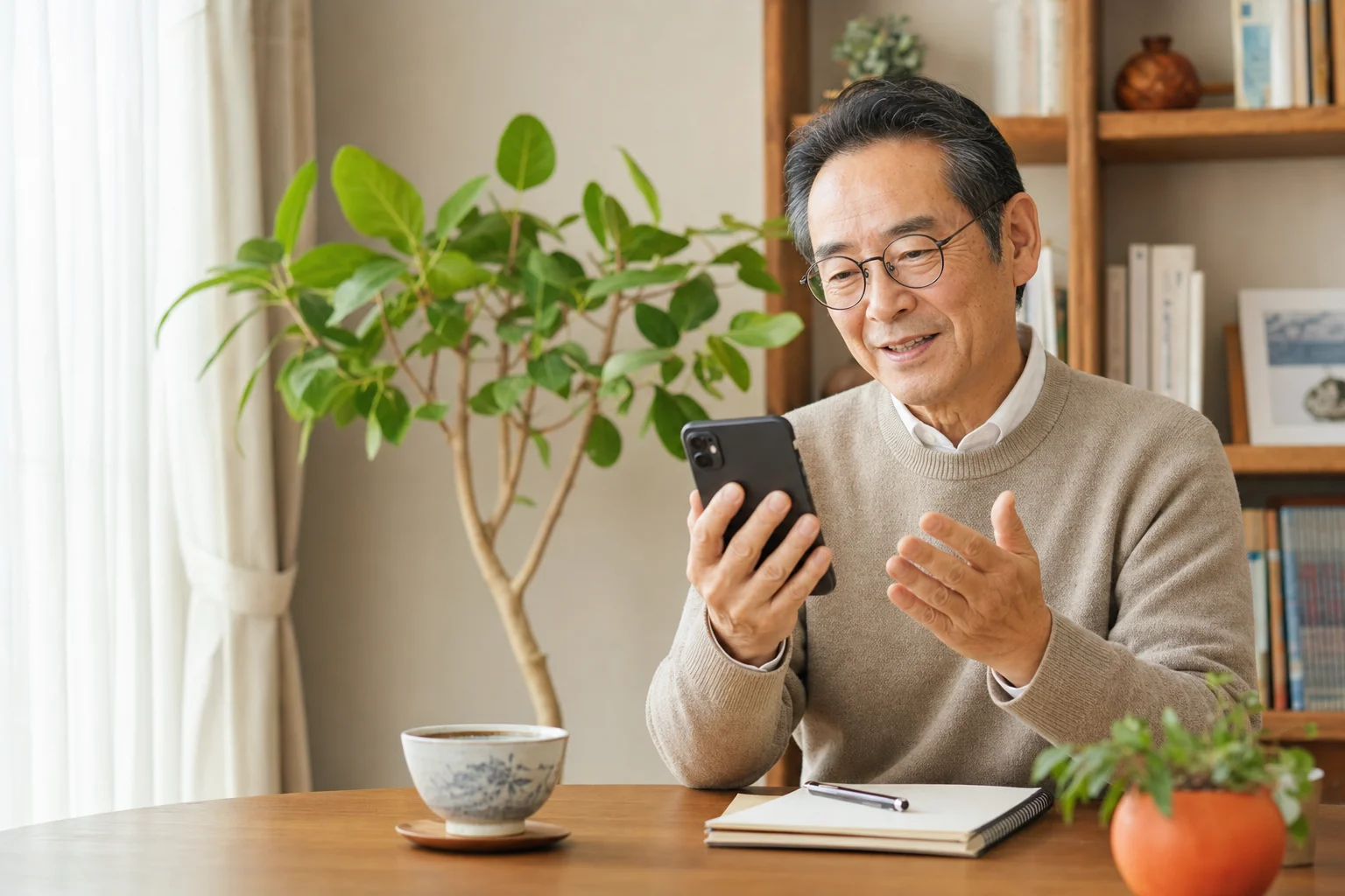 コーディネーターとやりとりしながら住み込み求人を選ぶ60代の様子