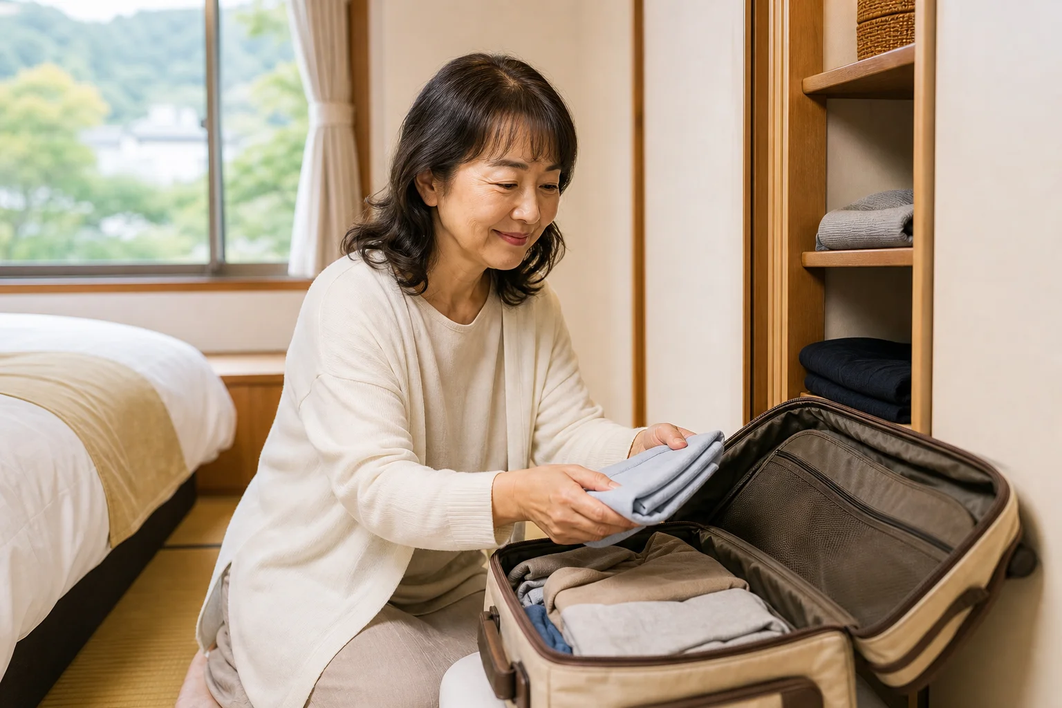 温泉地の宿で荷物を整理しながら微笑む60代の様子
