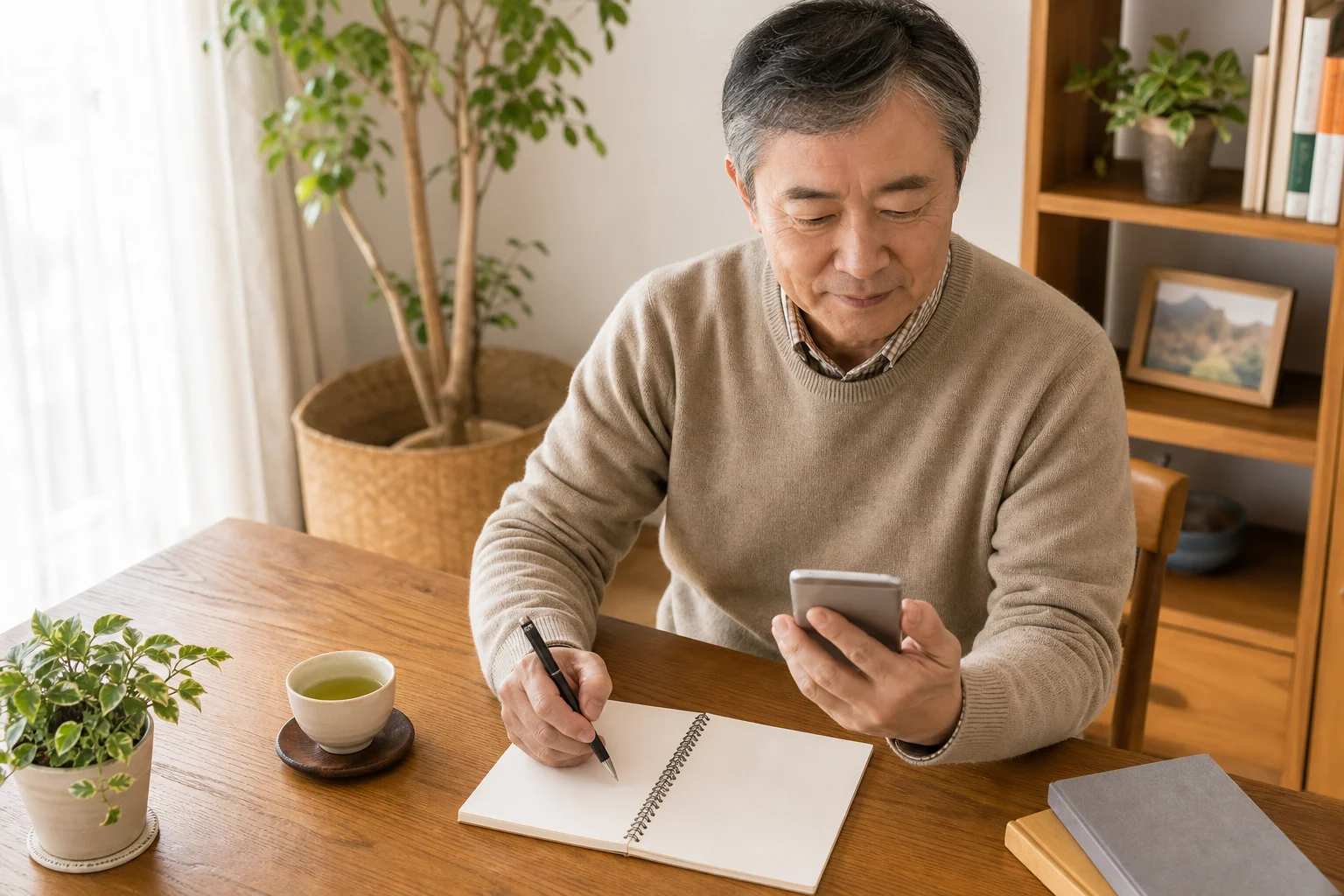 スマートフォンで求人情報を確認しながらメモを取る60代の様子