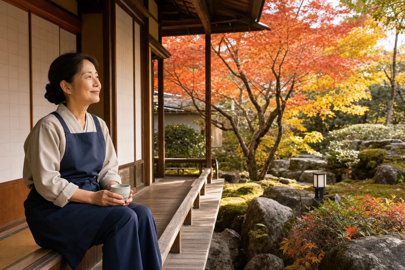 温泉旅館の縁側で紅葉を眺めながら穏やかに過ごす60代スタッフ