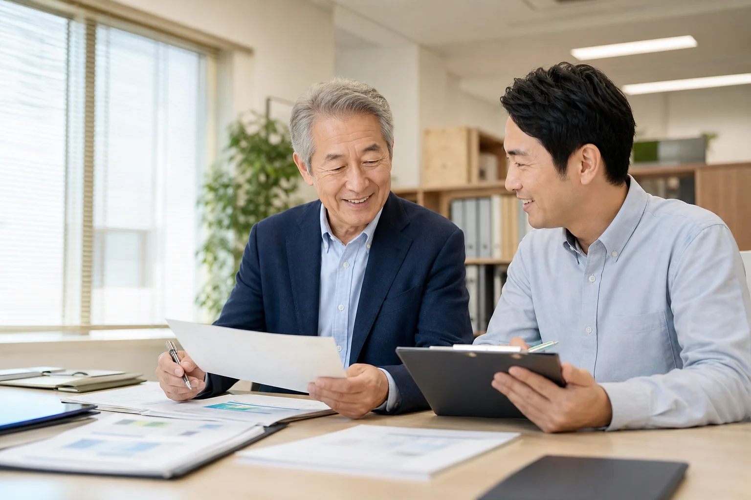 職場で同僚と話しながら笑顔で書類を確認する60代の男性