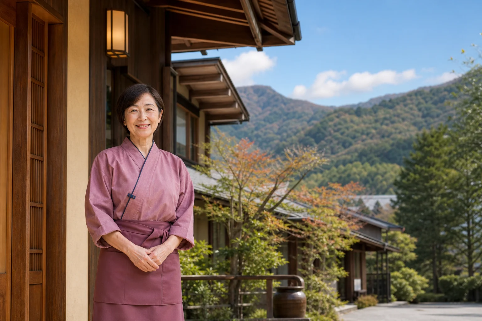 温泉地の旅館前で穏やかな笑顔で立つ60代のスタッフと山の遠景