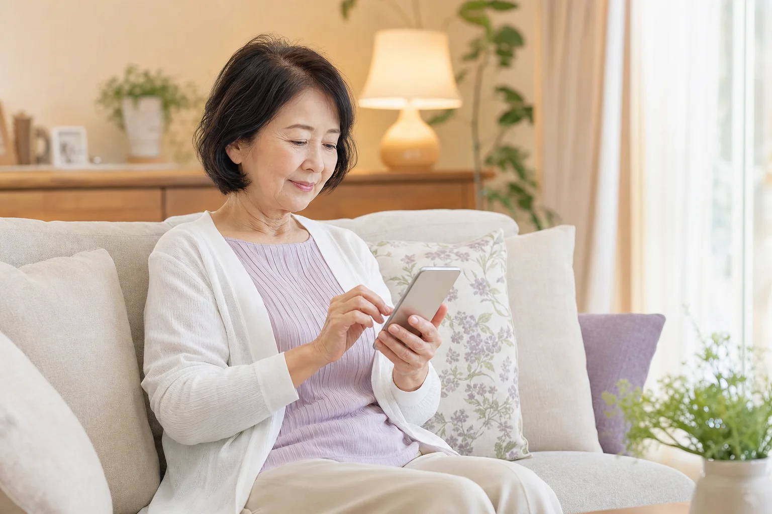 ソファでスマートフォンにメッセージを入力する60代女性。担当者への相談文を穏やかに送ろうとしている様子。